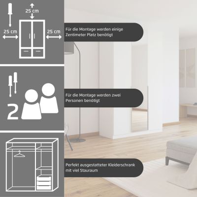 Grafische Darstellung eines Kleiderschranks mit Hinweisen zur Montage und Stauraumnutzung
