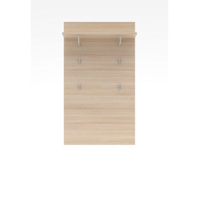 Frontansicht eines Garderobenpaneels aus hellem Holz mit oberer Ablage und mehreren Metallhaken.