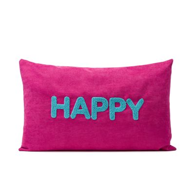 Pinke Kissenhülle mit dem türkisfarbenen Schriftzug „HAPPY“, ca. 30 × 50 cm.