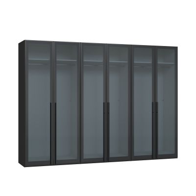 Großer Drehtürenschrank mit geschlossenen Glasfronten und dunklem Rahmen