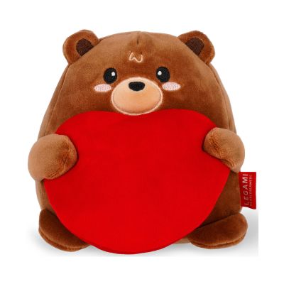 Braunes Teddybär-Plüschtier mit rotem Herz, frontal auf weißem Hintergrund dargestellt.