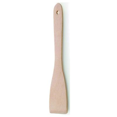 Hellbrauner Pfannenwender aus Holz mit schmaler flacher Form und Aufhängeloch auf weißem Hintergrund