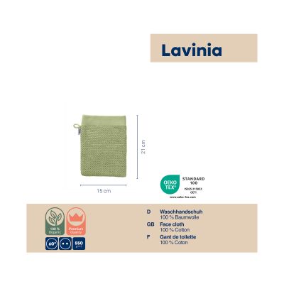 Produktdarstellung des pistaziengrünen Waschhandschuhs der Serie Lavinio mit Angaben zu Material und Eigenschaften
