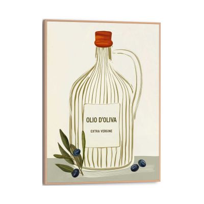 Frontansicht des Wandbilds „Olive Oil Bottle“ in Grün, Größe 30 × 40 cm; das vollständige Motiv ist zu sehen.