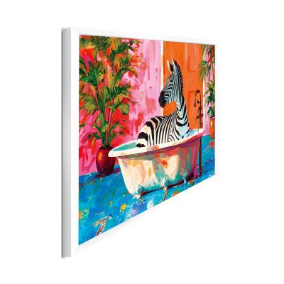 Seitliche Schrägansicht des Wandbilds „Zebra Bath“, 50 × 70 cm; Profil, Kante und Tiefe des Bildes sind erkennbar.