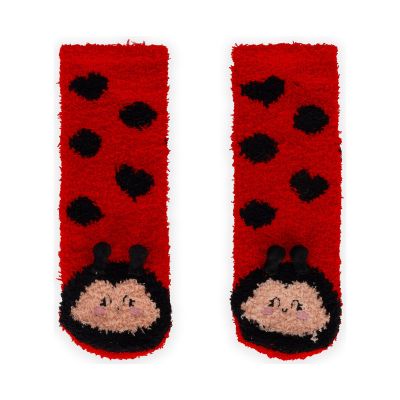 Rutschfeste Socken für Kinder – Marienkäfer von Legami: Paar Motivsocken frontal mit Tiergesicht am Bündchen.