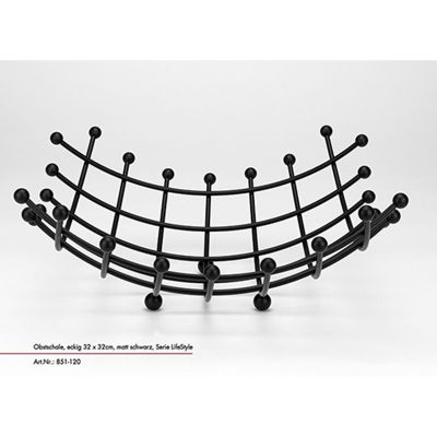 Obstschale 34 x 34 cm schwarz Life Style: schwarze geschwungene Draht-Obstschale mit Gitterstreben und Kugelabschlüssen breit von vorn dargestellt.