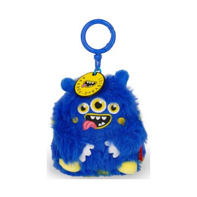 Blauer Monster-Plüsch-Schlüsselanhänger, frontal mit Schlüsselring auf weißem Hintergrund dargestellt.