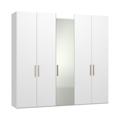 Drehtürenschrank mit weißen Türen und mittiger Spiegeltür