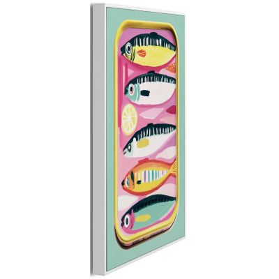 Seitliche Schrägansicht des Wandbilds „Sardines“, 20 × 30 cm; Profil, Kante und Tiefe des Bildes sind erkennbar.