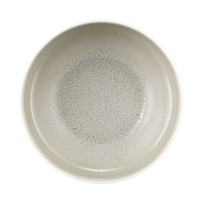Draufsicht: Schale in Weiß und Grau-Beige. Erkennbar: flache Form mit weißer Außenseite und gesprenkeltem Innenraum.