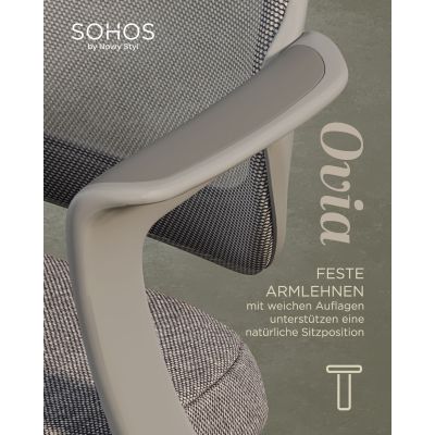 Detailgrafik des Ovia: feste Armlehne mit weicher Auflage in Nahaufnahme; der Text weist auf die Unterstützung der Sitzposition hin.
