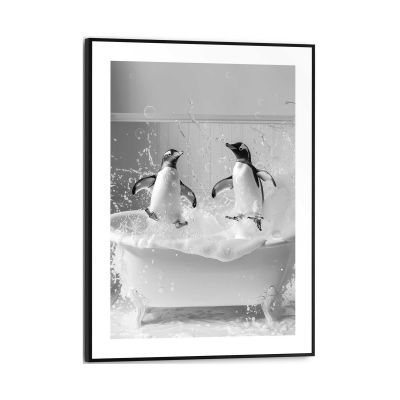 Frontansicht des Wandbilds „Penguin Party“ in Schwarz-Weiß, Größe 30 × 40 cm; das vollständige Motiv ist zu sehen.