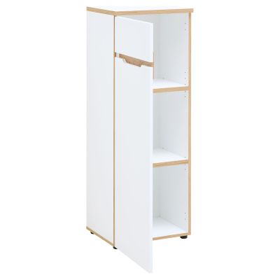 Weißer Hochschrank mit geöffneter Tür und sichtbaren Innenfächern sowie einer geöffneten oberen Schublade