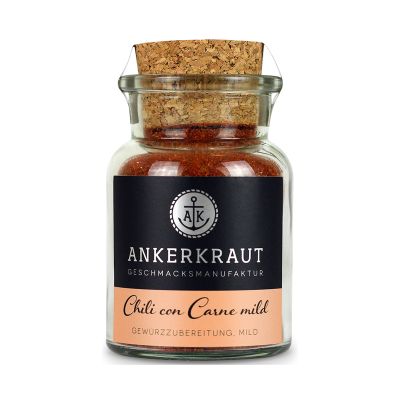Chili con Carne mild von Ankerkraut in einem Korkenglas mit schwarzem Etikett und orangebraunem Gewürzinhalt.