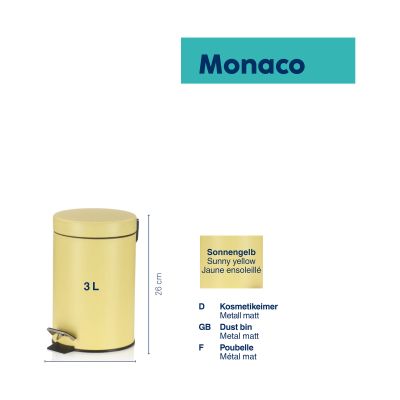 Darstellung des gelben Kosmetikeimers der Serie Monaco mit Maßangaben und Hinweisen zu seinen Eigenschaften