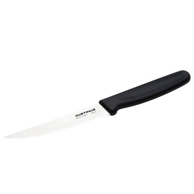 Steakmesser 11 cm FineCut: FineCut Steakmesser mit gezahnter heller Klinge und schwarzem Kunststoffgriff, diagonal freigestellt.