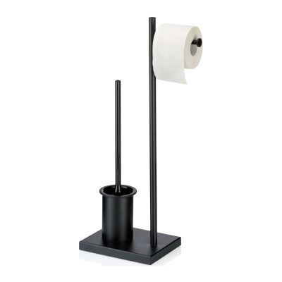 Schwarze freistehende Toilettengarnitur mit WC-Bürstenbehälter und weißer Toilettenpapierrolle am seitlichen Haltearm
