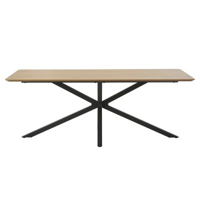 Rechteckiger Tisch mit heller Holzplatte und schwarzem Metallgestell, frontal aufgenommen.