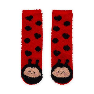 Rutschfeste Socken für Erwachsene – Marienkäfer von Legami: Paar Motivsocken frontal mit Tiergesicht am Bündchen.
