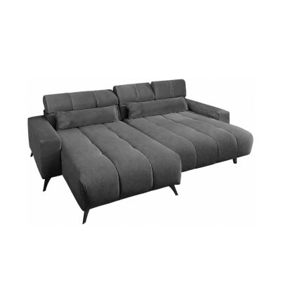 Dunkelgraues Ecksofa in Cord-Optik mit Ottomane links, ausgezogener Sitzfläche, verstellbaren Kopfstützen und schwarzen Metallfüßen
