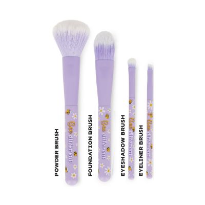 Vier lilafarbene Make-up-Pinsel im Bienen-Design, mit vier unterschiedlich großen Pinseln senkrecht nebeneinander dargestellt.