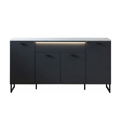 Modernes Sideboard in Anthrazit mit Abdeckplatte in Marmoroptik, LED-Beleuchtung sowie Türen und Stauraumfächern.