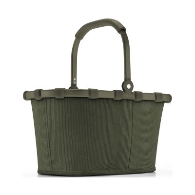 Kleiner Einkaufskorb von Reisenthel, Modell Carrybag XS, in Dunkelgrün aus geripptem Cord, frontal mit hochgestelltem Griff.