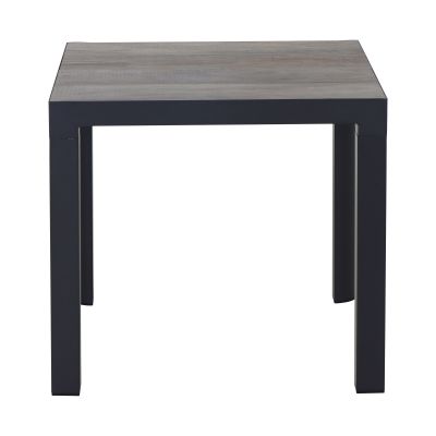 Quadratischer Tisch mit Holzoptikplatte und dunklem Gestell, frontal aufgenommen, mit eckigen Tischbeinen.