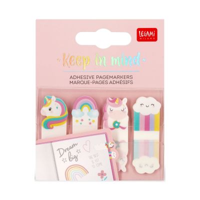 Selbstklebende Seitenmarker im Einhorn-Design, als Set in einer bedruckten Blisterkarte dargestellt.