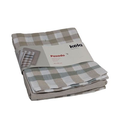Gefaltetes dreiteiliges Geschirrtücher Set mit Karomuster und Papierbanderole