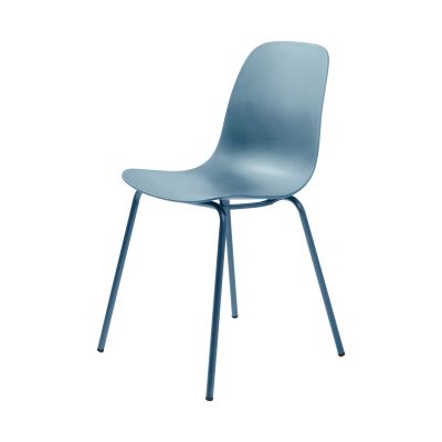 Moderner Kunststoffstuhl in Blau mit Metallbeinen, schräge Ansicht