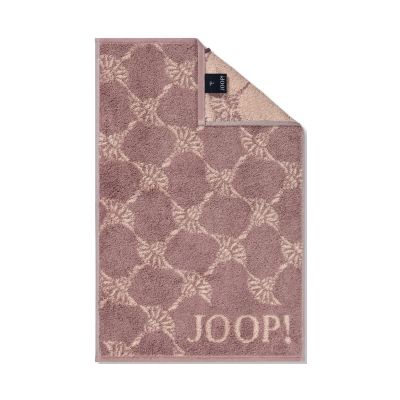 Roséfarbener JOOP! Cornflower Gästetuch, 30 × 50 cm, flach dargestellt mit wiederholtem Cornflower-Muster, umgeschlagener Ecke und JOOP!-Schriftzug unten.