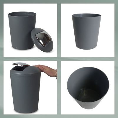 Collage mit Detailansichten von schwarzem Schwingdeckeleimer Deckel Innenraum und abgerundeter Form