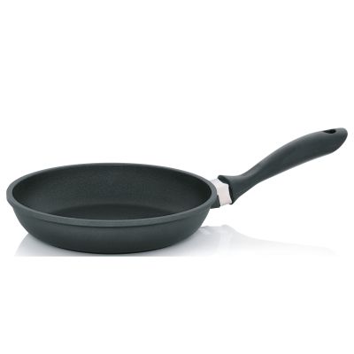 Runde Bratpfanne in Schwarz mit langem Griff und beschichteter Innenfläche