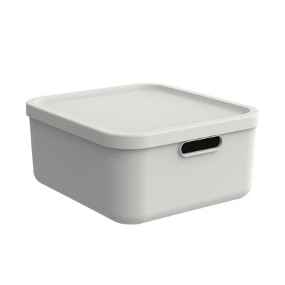 Rechteckige weiße Aufbewahrungsbox aus Kunststoff mit passendem Deckel und Grifföffnung