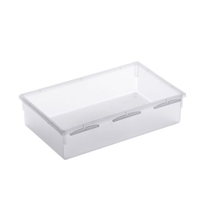 Flache rechteckige Aufbewahrungsbox aus transparentem Kunststoff ohne Deckel