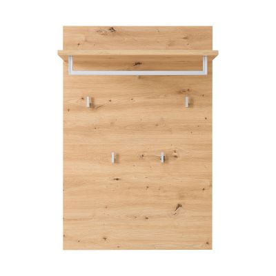 Frontalansicht eines Holzpaneels mit einer oberen Ablage und mehreren kleinen Haken in der Mitte und unteren Hälfte.