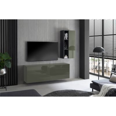 Modern eingerichtetes Wohnzimmer mit anthrazitfarbener Hochglanz-Wohnwand, bestehend aus Hängeschrank, Lowboard und Wandregal unter einem Fernseher