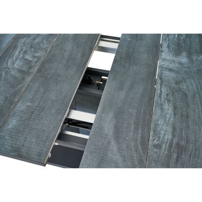 Tischplatte in Holzoptik geöffnet, Schienen und Mechanik im Inneren sichtbar.
