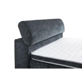 Nahaufnahme des Kopfteils eines Boxspringbetts in Grau mit Liegefläche 140×200 cm, Kopfteil im Raster hochgeklappt