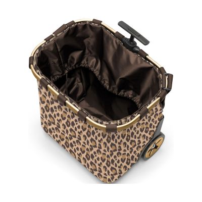 Einkaufstrolley von Reisenthel, Modell Carrycruiser, in Beige und Braun mit Leopardenmuster und braun-goldfarbenen Rahmendetails, von oben mit geöffnetem Innenbeutel.