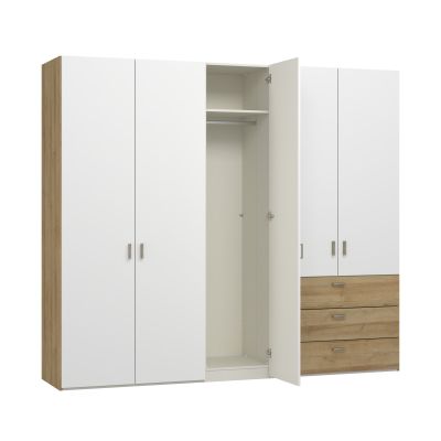 Kleiderschrank mit geöffneter linker Drehtür und Innenraum mit Einlegeboden