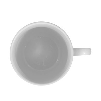 Draufsicht: Becher in Weiß. Erkennbar: hoch, zylindrisch und mit rundem Henkel.