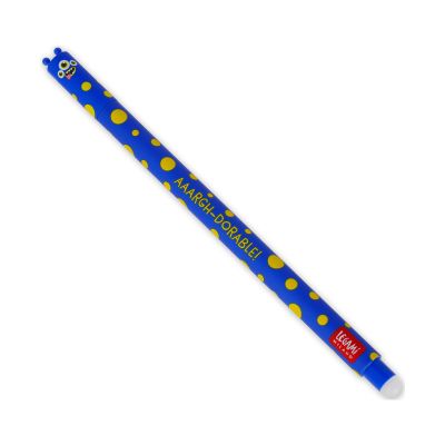 Blauer löschbarer Legami Gelstift mit gelben Punkten und Monsterkappe, diagonal auf weißem Hintergrund.