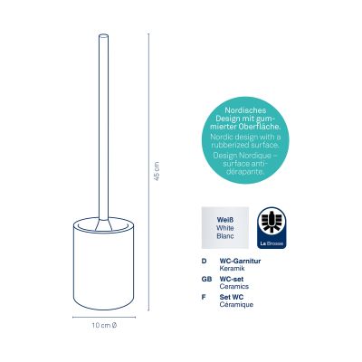 Technische Darstellung der weißen WC-Garnitur mit Maßangaben sowie Symbolen zu Material und Produkteigenschaften