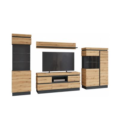 Wohnkombination Coast mit TV-Unterteil, Wandboard und zwei Vitrinen in Evoke Eiche mit Absetzungen in Kosmos Grau