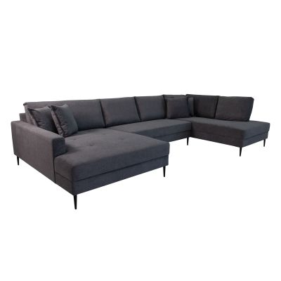 Freigestelltes U-Sofa in Anthrazit aus seitlicher Perspektive mit breiter mittlerer Sitzfläche, zwei Liegebereichen, Rückenkissen und Zierkissen