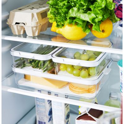 Transparenter Kühlschrank-Organizer mit Obst und Gemüse in einem Kühlschrank