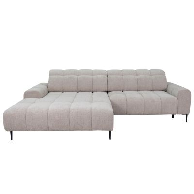 Frontalansicht des Ecksofas im Bezug B831 Kansas 5 linen mit breiter Ottomane auf der linken Seite